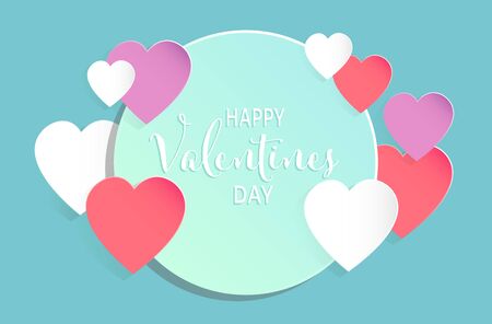 Valentine's day concept background. Vector illustration. Paper hearts with circle frame on pastel blue background. Cute love sale banner or greeting cardのイラスト素材