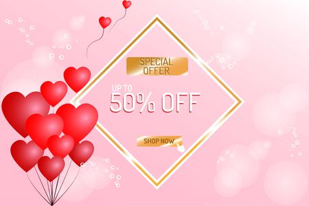 Valentine's day concept. Vector illustration. Red hearts balloon with advertisement sale. Cute love sale banner or greeting cardのイラスト素材