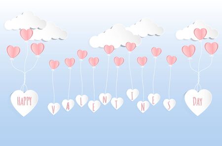Valentines day concept background. Vector illustration. Pink paper hearts fly with white paper heart on blue sky and cloud. Cute love sale banner or greeting cardのイラスト素材