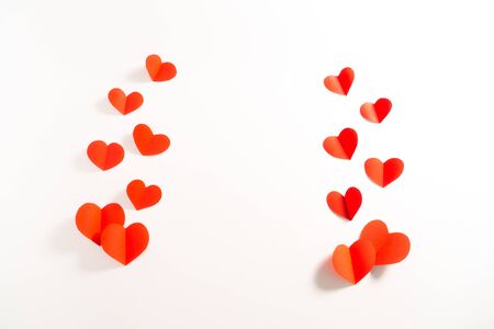 Valentine card with red heart on white background, abstract, flat lay, top viewの写真素材