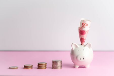 Money saving and donation concept, money on cute white piggy bank on pink tableの写真素材
