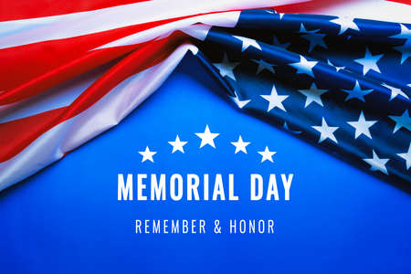 USA Memorial day and Independence day concept, United States of America flag on blue backgroundの写真素材