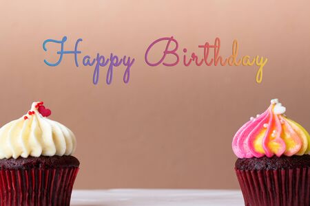 Happy Birthday cute cupcake on pink backgroundの写真素材
