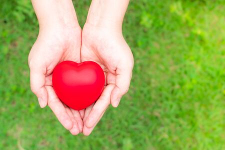 woman holding red heart on hand, Blood donation conceptの写真素材