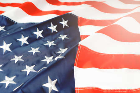 American flag waving in the wind, stars and stripes closeupの写真素材