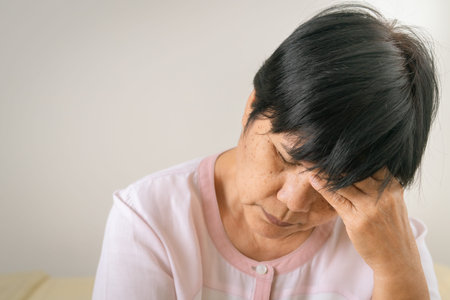 headache, stress, migraine of old woman, healthcare problem of senior concept