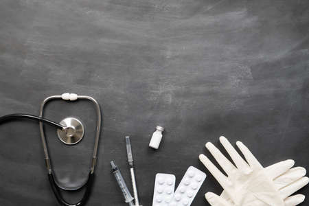 Healthcare medical insurance with vaccine, syringe, stethoscope and medical suppliesの写真素材