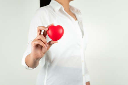 World heart day concept of young woman hand holding red heartの写真素材