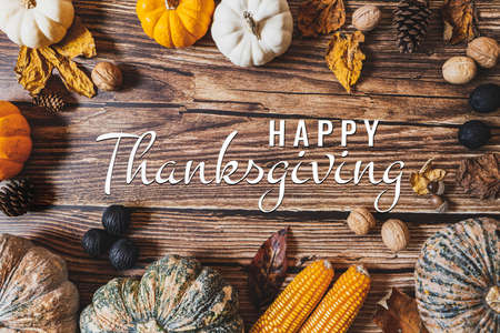 Happy Thanksgiving Day with pumpkin and nut on wooden tableの写真素材