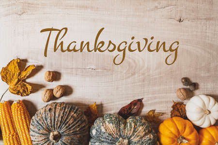 Happy Thanksgiving Day with pumpkin and nut on wooden tableの写真素材