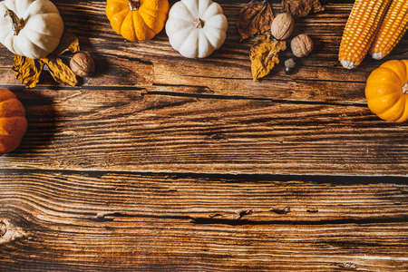 Happy Thanksgiving Day with pumpkin and nut on wooden tableの写真素材