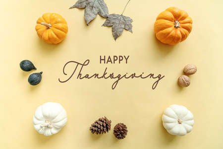 Happy Thanksgiving Day with pumpkin, maple leaf and nutの写真素材