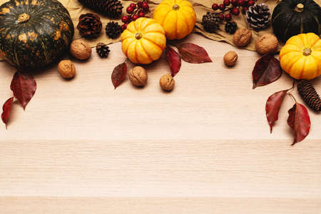 Happy Thanksgiving Day with pumpkin and nut on wooden backgroundの写真素材