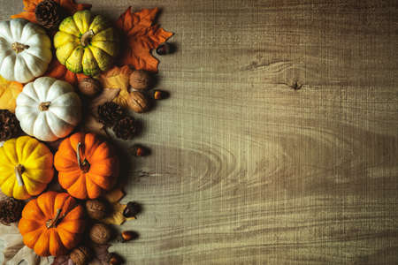 Happy Thanksgiving Day with pumpkin and nut on wooden tableの写真素材