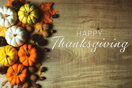 Happy Thanksgiving Day with pumpkin and nut on wooden tableの写真素材