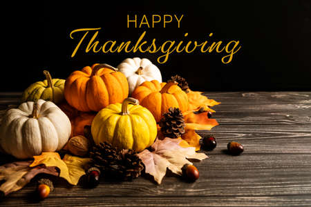 Happy Thanksgiving Day with pumpkin and nut on wooden tableの写真素材