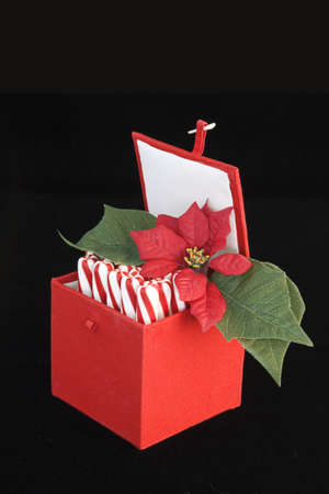 red and white peppermint sticks placed horizontally in a red holiday box with small poinsettia  の写真素材