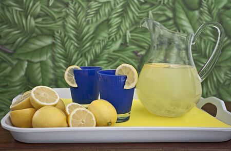 Freshly squeezed lemonade pitcher on tray with two blue glasses against fern background の写真素材