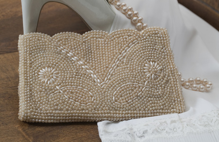 1920 s beaded purse, pearls, vintage slip and stilettoの写真素材