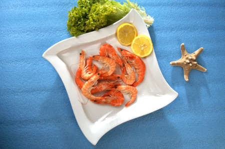 Shrimp, Caridina, Marine and Freshwater Shellfish on a white plateの写真素材