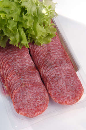 Salami, originating from Italy, durable, dry, long-maturing sausage with the addition of finely chopped lard and spices.の写真素材