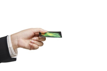businesswoman hand holding VISA card against white backgroundの写真素材