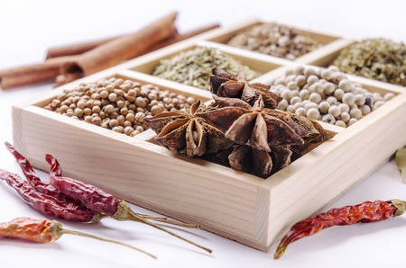 six-blocks wooden frame collection of spicesの写真素材