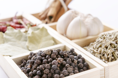 six-blocks wooden frame collection of spicesの写真素材