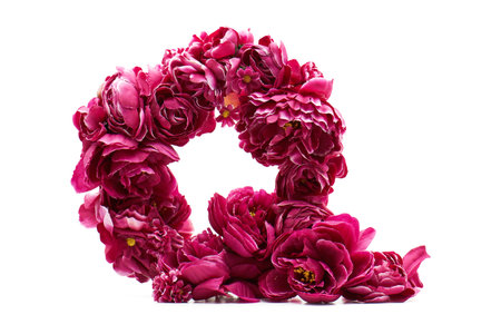 Number 9 made of pink peony flowers, isolated on white background