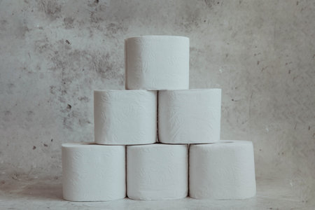 Stack of toilet paper rolls on a gray light background. high quality photoの素材 [FY310202762479]