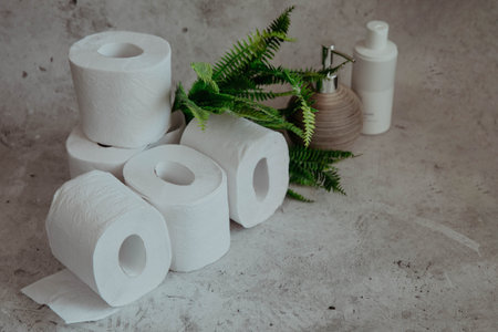 Toilet paper with green leaves on a light background. high quality photoの写真素材