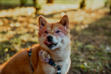 Shiba Inu dog in rose-colored glasses licks against yellow bokeh.の写真素材