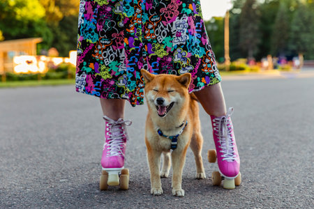 Shiba Inu dog stands between the legs of a girl in a bright dress and pink retro rollersの写真素材
