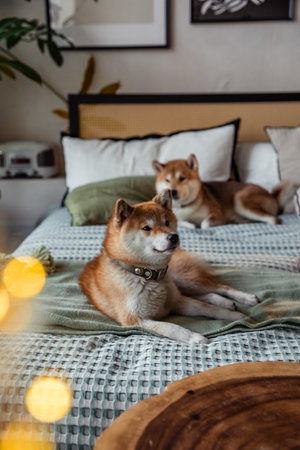 Shiba Inu 2 dogs lie on a bright bed with bright yellow bokehの写真素材