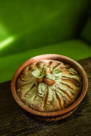 Apple pie with powdered sugar, berries of physalis and mint is on the tableの写真素材