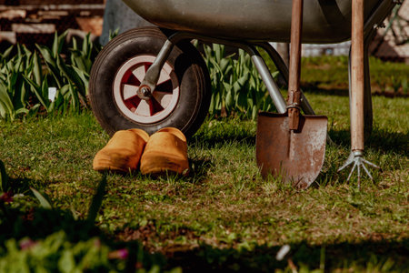 Garden equipment: wheelbarrow, shovel, rake, rubber bootsの写真素材