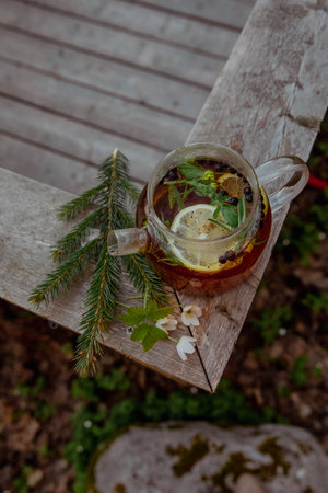 Glass teapot with lemon and herbs at a picnic in natureの写真素材