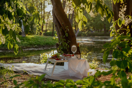 Summer picnic with fruit on a white tablecloth on sunsetの写真素材