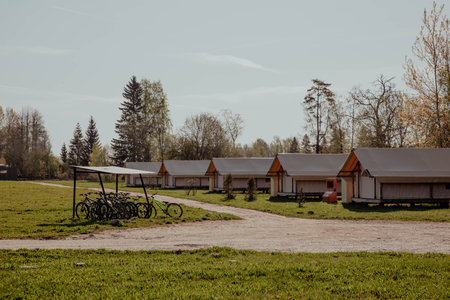 Wooden country houses on sunny dayの写真素材