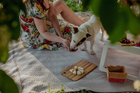 Girl treats a dog with cheese at a picnicの写真素材
