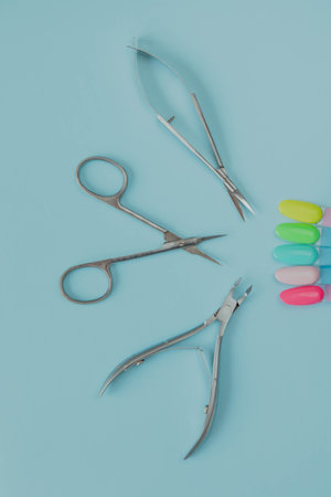 Manicure tools on a blue backgroundの写真素材
