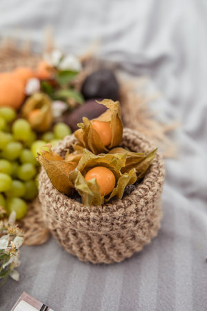 Summer picnic with physalis berries in a wicker basketの写真素材