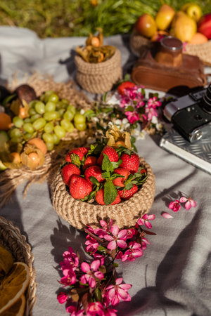 Summer picnic in nature with strawberry fruits and berries on the tablecloth with pink apple blossomsの写真素材