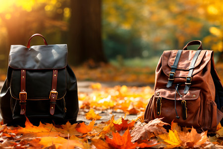 Brown and black leather school backpack in autumn park, generated by AIの素材