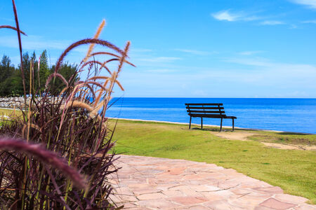 wooden bench on sea beach in day time at bruneiの写真素材