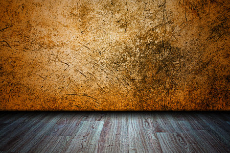 halloween room interior with orange cement wall background on wooden floor の写真素材