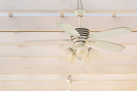 vintage white ceiling Fan with lampの写真素材