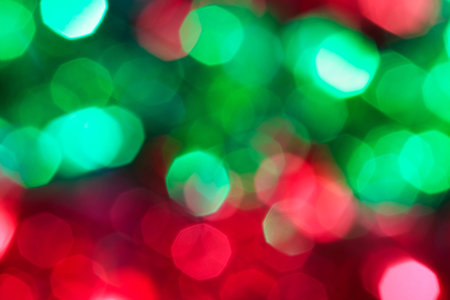 Bokeh abstract background of red and green christmas fur decorationの写真素材