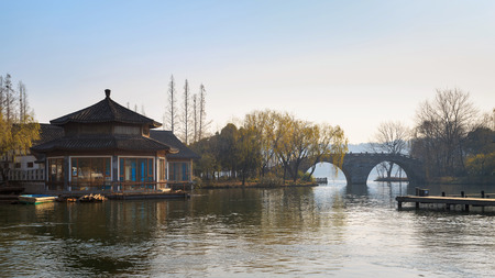 Landscape of village in morning Xihu Lake Hangzou Chinaのeditorial素材