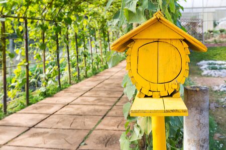 Old yellow wooden bird house in garden vintage styleの写真素材